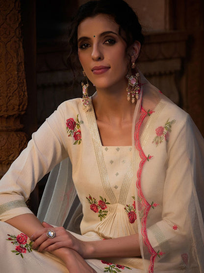 Dhiyona CH Floral Embroidered Sequinned Square Neck Straight Kurta With Trousers & Dupatta