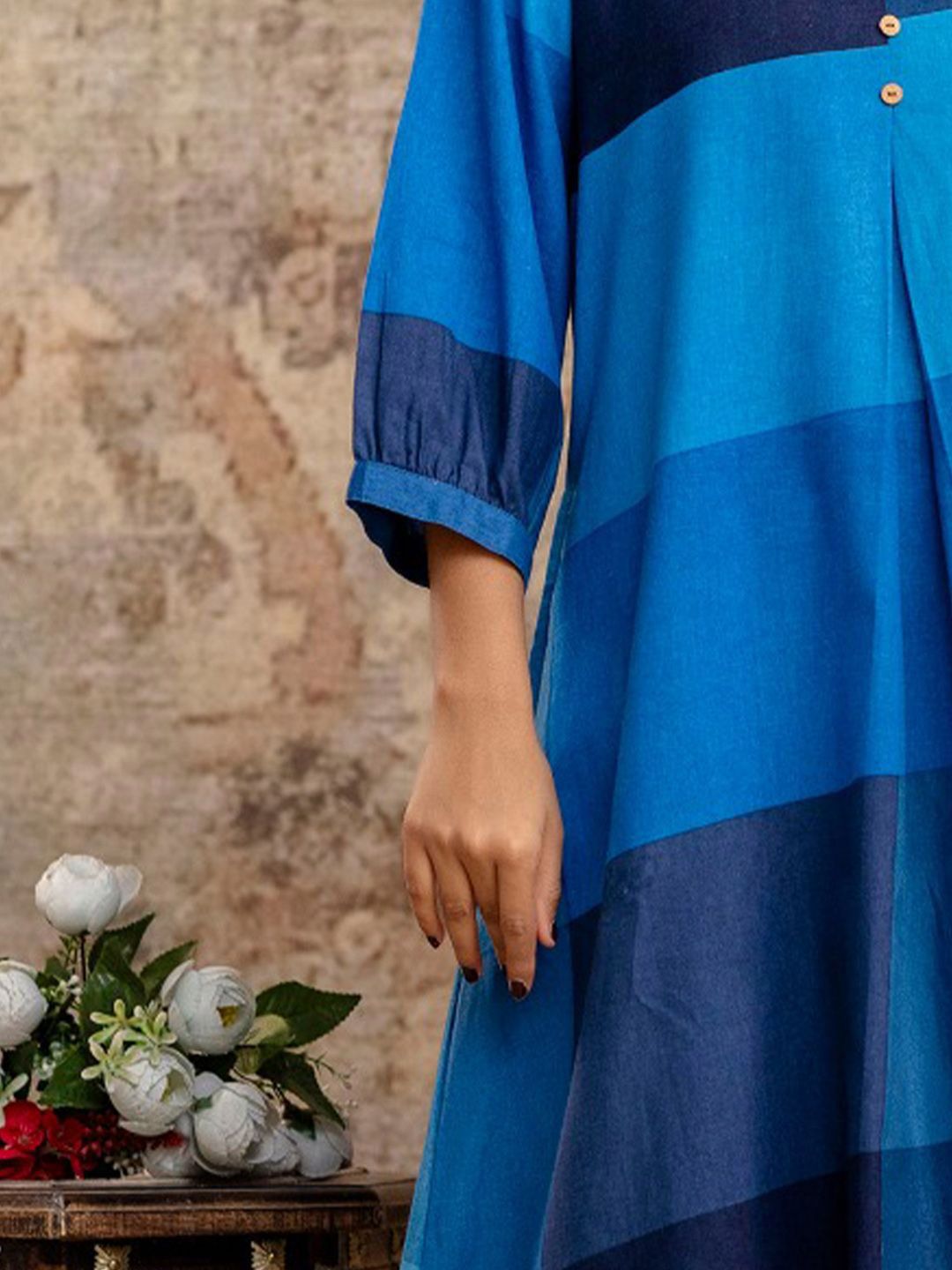 Colourblocked V-Neck A-Line Kurta With Trousers