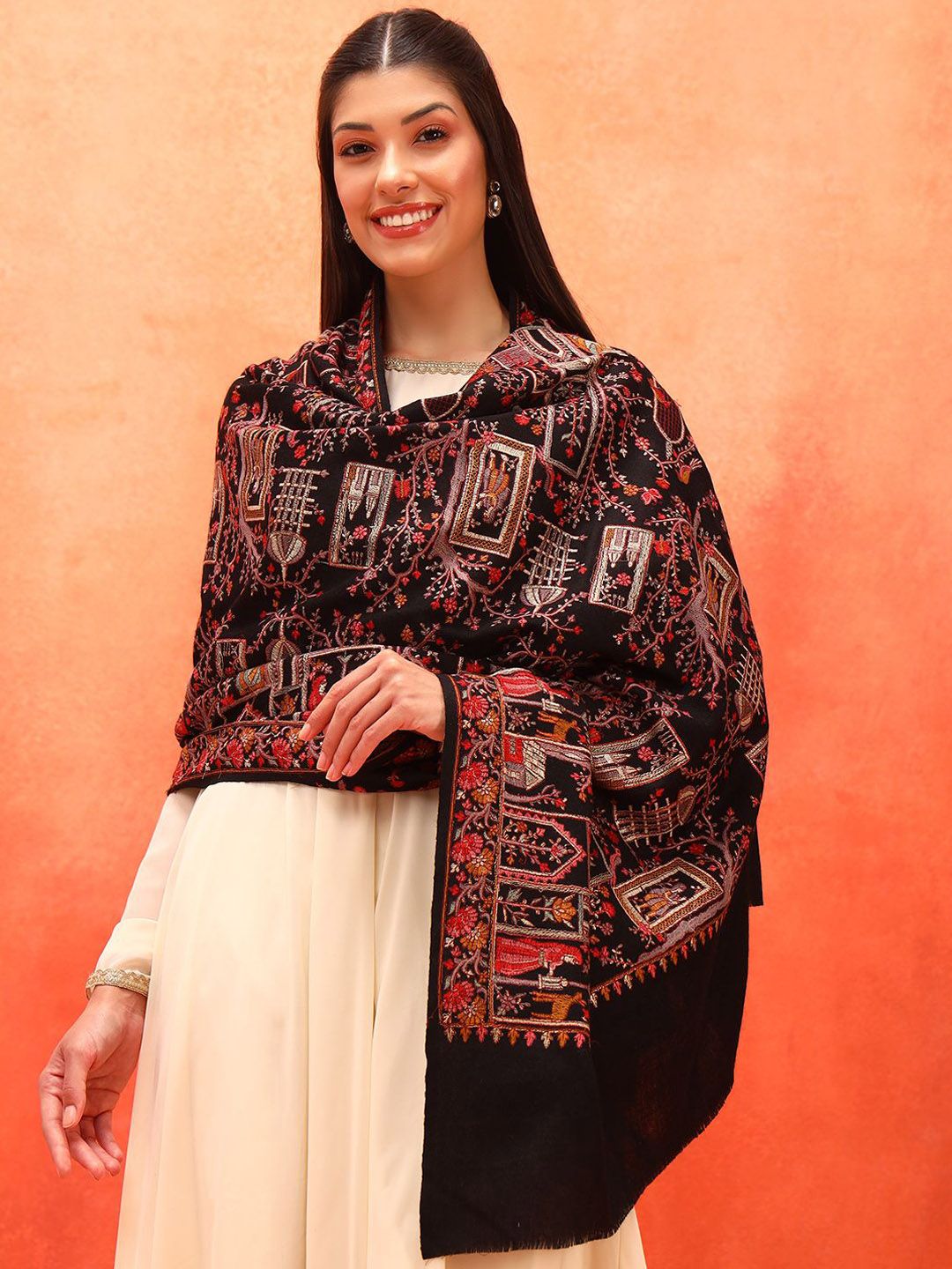 Dhiyona PA Arwina Pure Wool Ethnic Motifs Embroidered Shawl