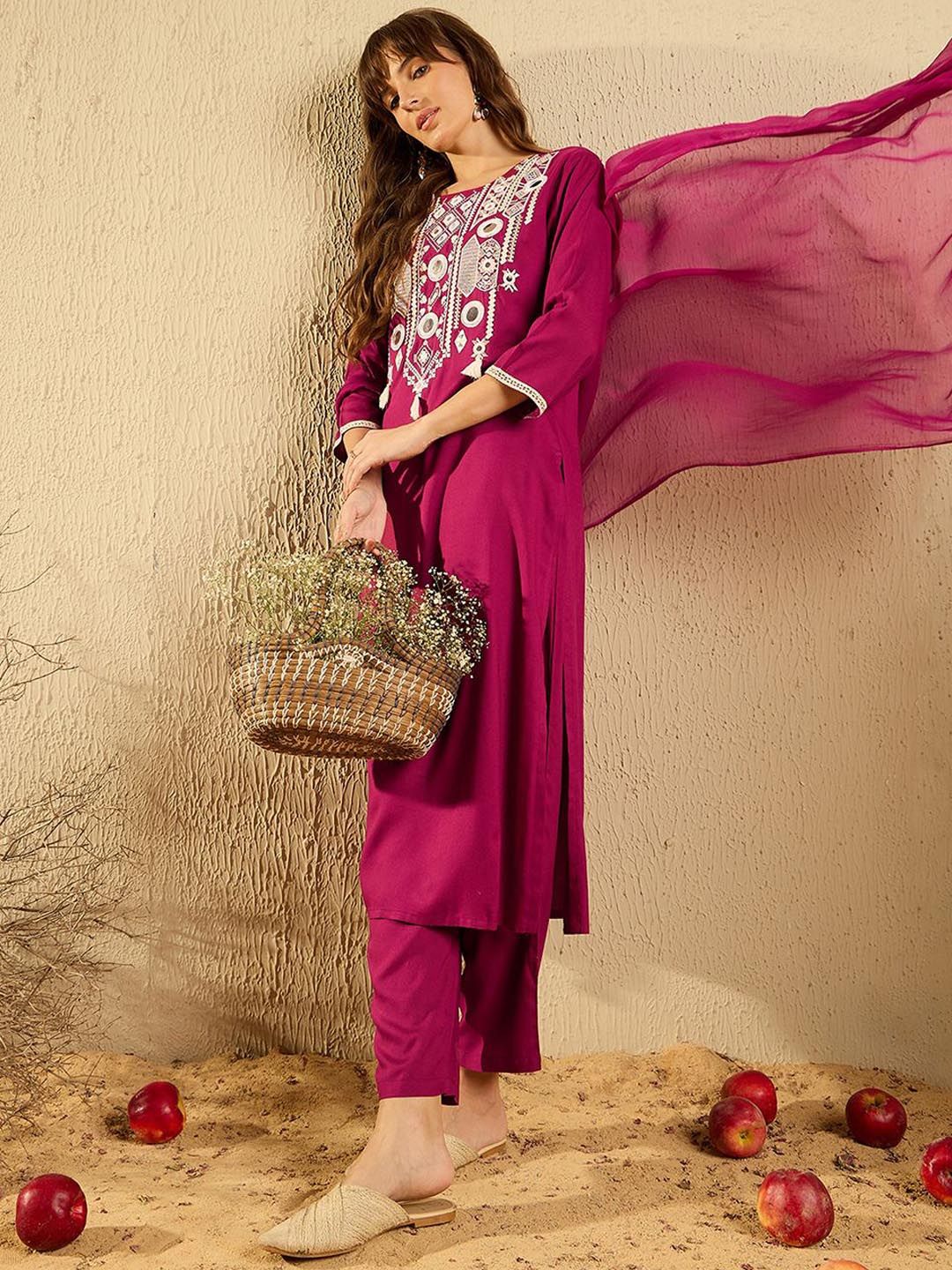 Dhiyona IE Women Ethnic Motifs Embroidered Regular Mirror Work Kurta with Trousers & With Dupatta