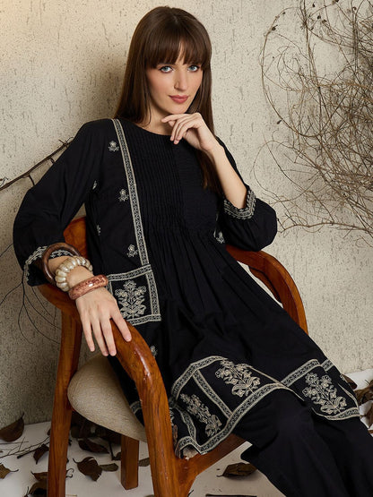 Women Ethnic Motifs Embroidered Pure Cotton A-Line Kurta with Pyjama