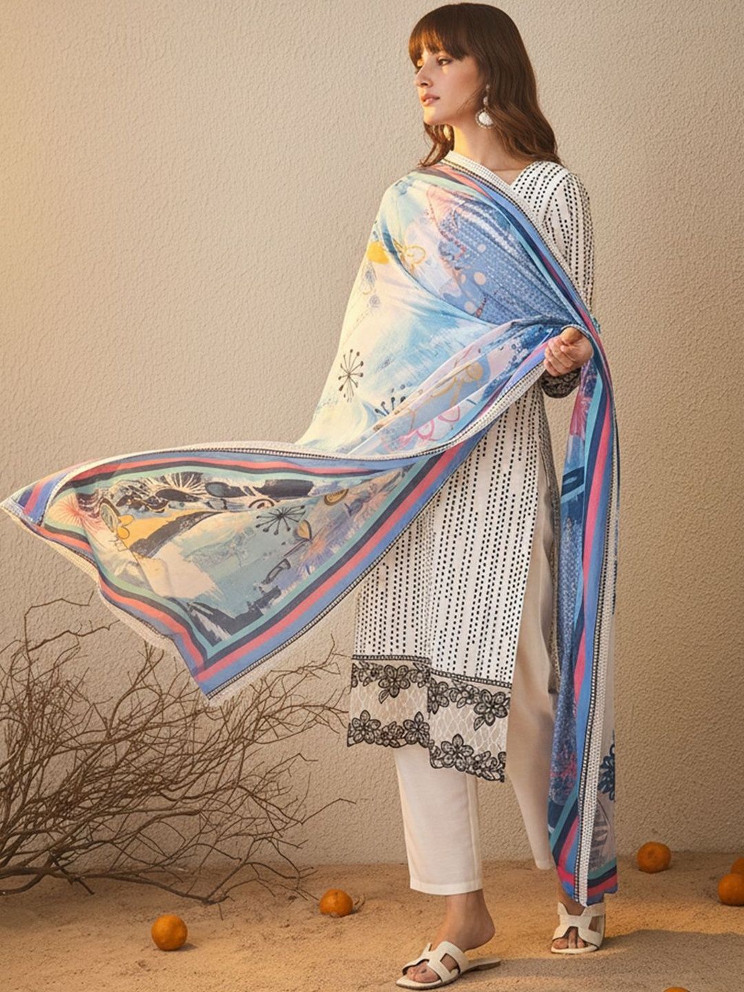 Ethnic Motifs Printed Round Neck Straight Kurta With Trousers & Dupatta