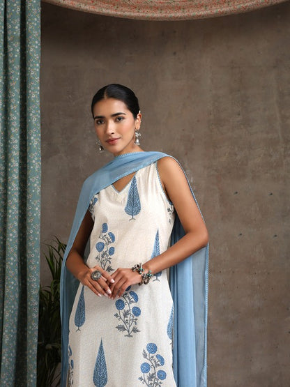 Women's Floral Printed V-Neck Pure Cotton Straight Kurta With Palazzos & Dupatta