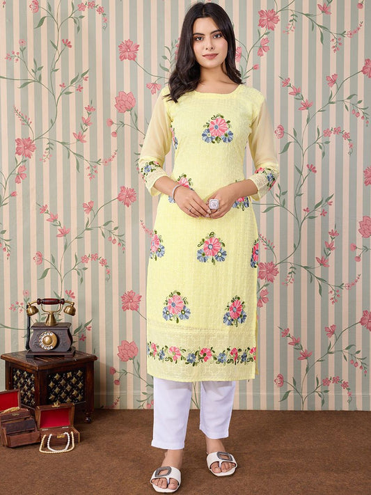 Dhiyona OD  Floral Embroidered Thread Work Floral Georgette Straight Kurta