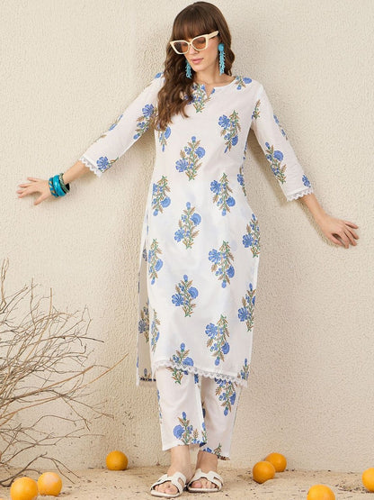 Women Floral Printed Cotton Kurta with Trousers