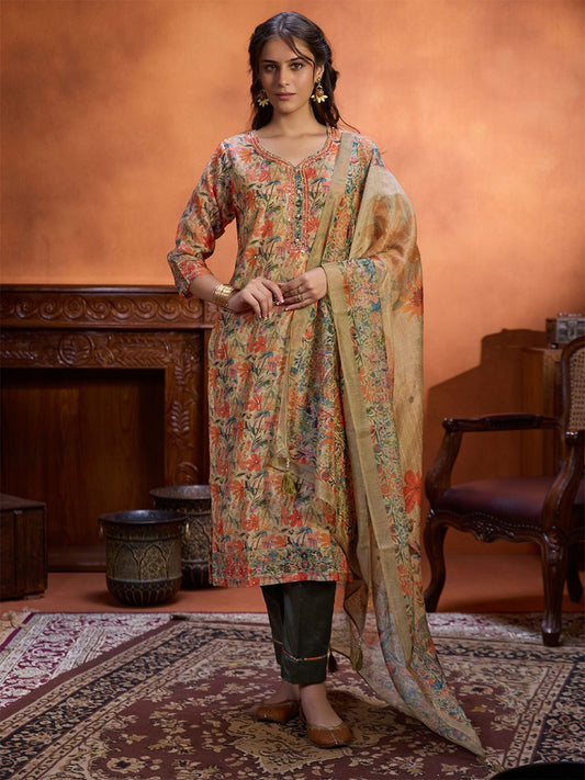 Dhiyona WP Floral Printed Straight Beads and Stones Kurta with Trousers & Dupatta
