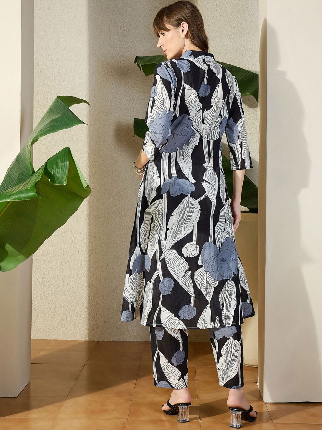 Dhiyona IE Floral Floral Printed Pure Cotton Shirt Collar Tunic With Trousers