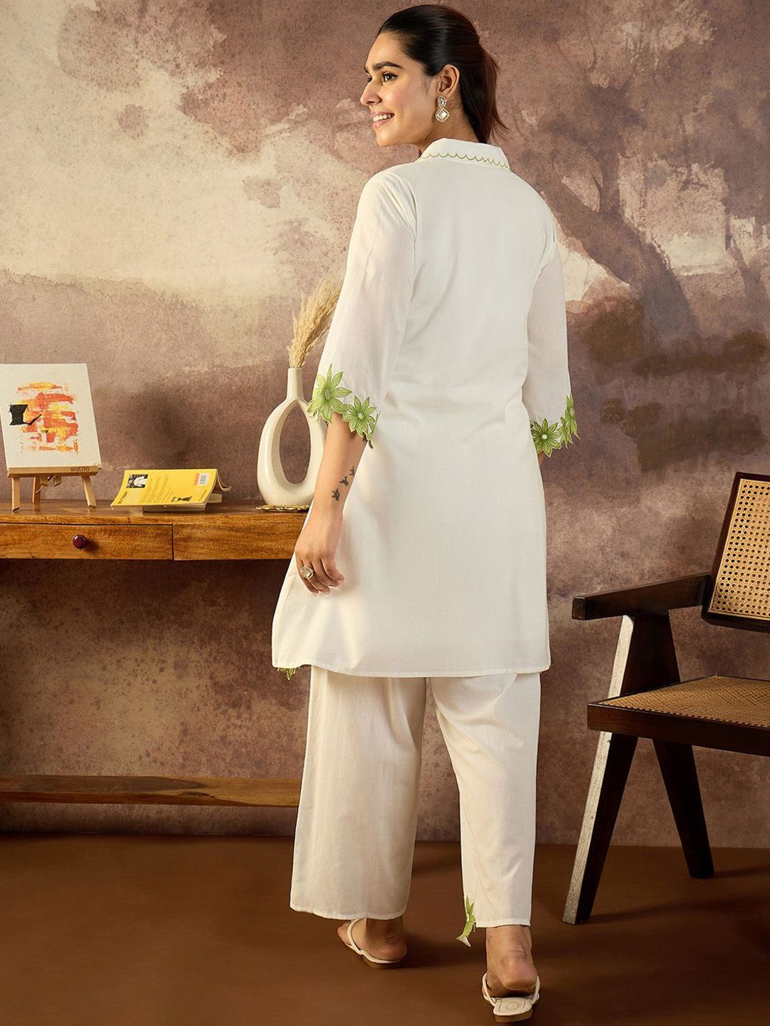 Floral Embroidered Thread Work Pure Cotton Kurta With Palazzo