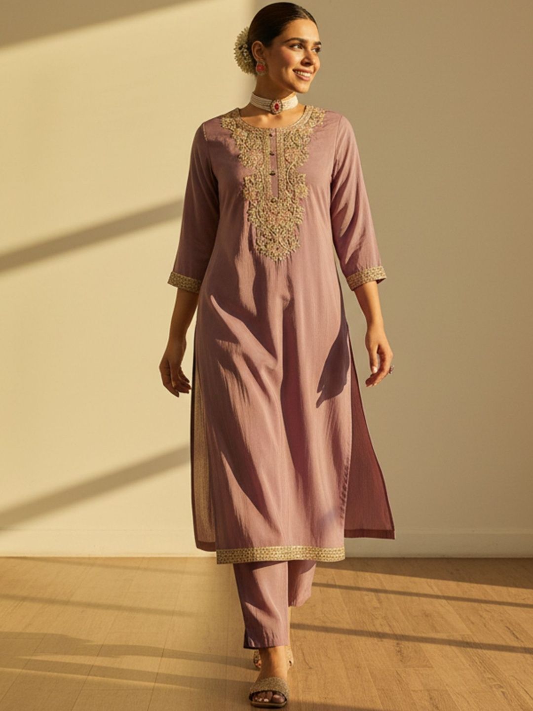 Floral Embroidered Thread Work Straight Kurta With Trouser & Dupatta