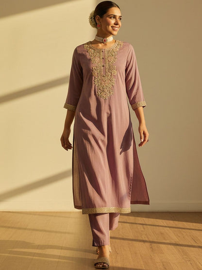 Floral Embroidered Thread Work Straight Kurta With Trouser & Dupatta