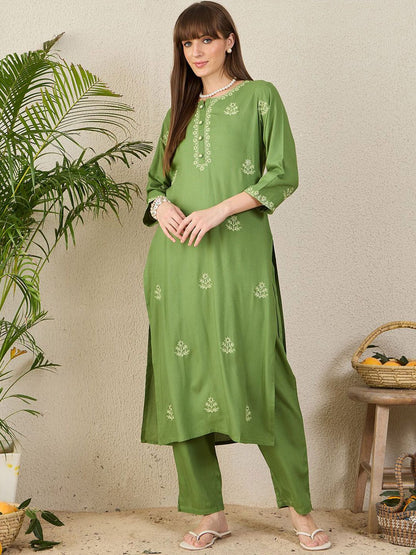 Dhiyona IE Embroidered Notch Neck Tunic With Trouser
