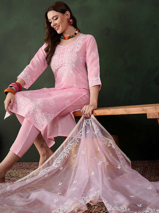 Dhiyona SN Women's Pink and White Floral Embroidered Thread Work Cotton Kurta & Trouser With Dupatta