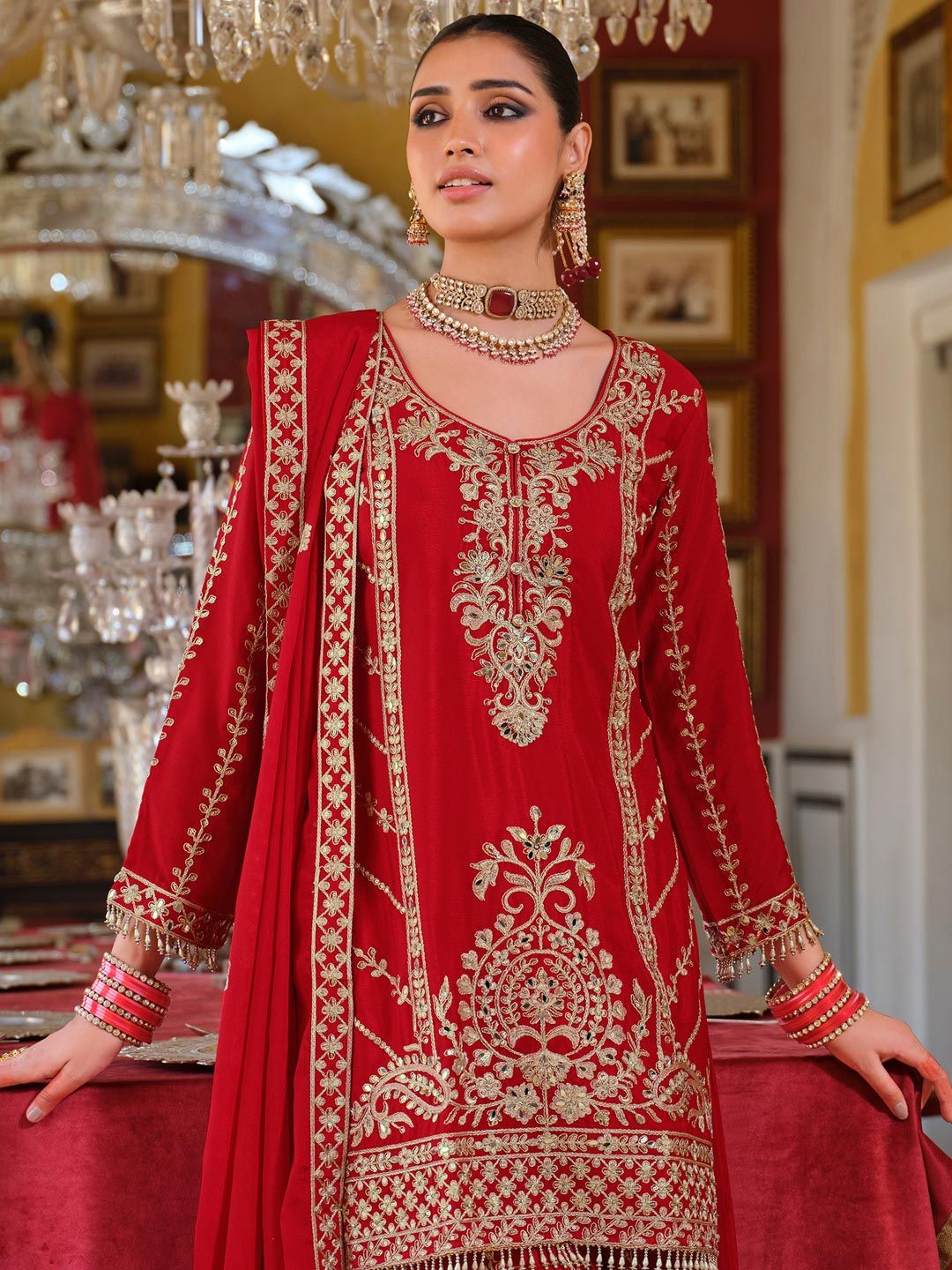 Women Ethnic Motifs Embroidered Mirror Work Kurta with Palazzos & Dupatta