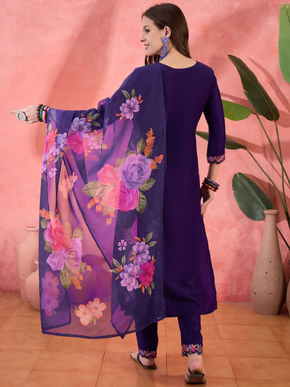 Dhiyona SN Women's Purple Floral Embroidered V-Neck Sequinned Straight Kurta With Trousers & Dupatta