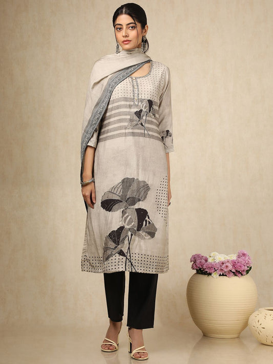 Dhiyona SO Women's Women Floral Printed Regular Beads and Stones Kurta with Trousers & With Dupatta