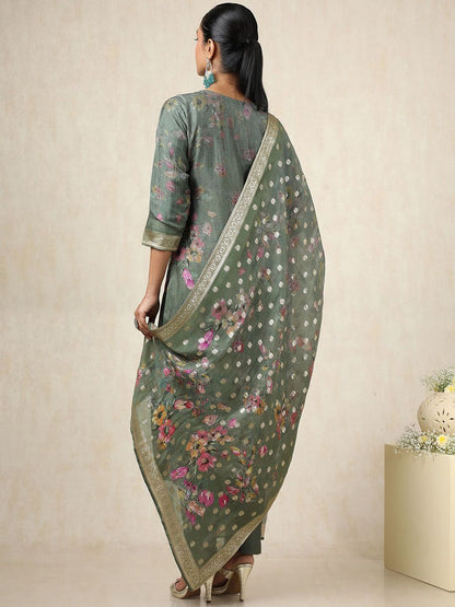 Dhiyona SO Women's Floral Printed Mirror Work Straight Kurta With Trousers & Dupatta