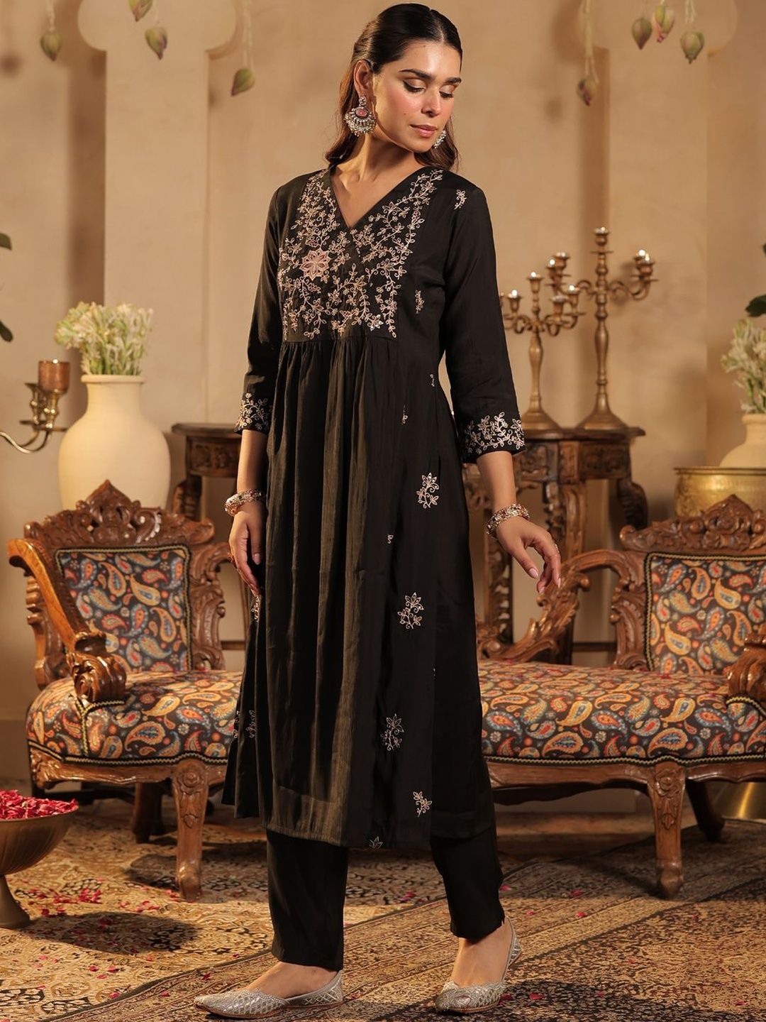 Floral Embroidered Pleated V-Neck Thread Work A-Line Kurta with Trousers
