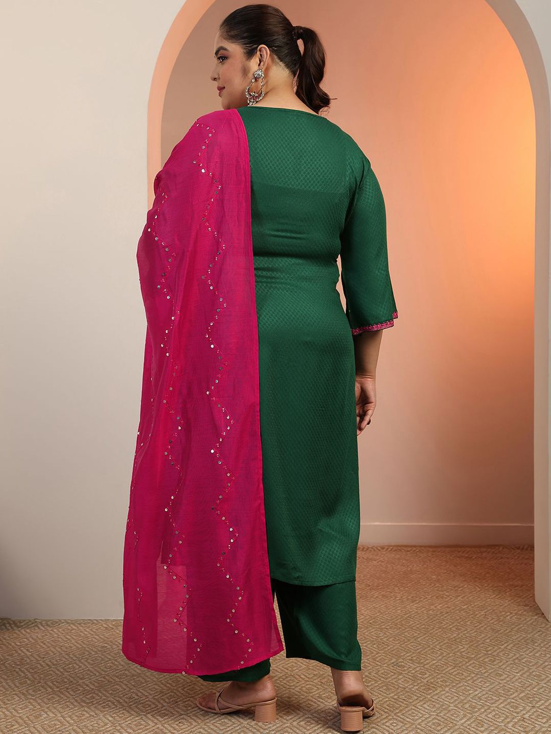 Dhiyona Women's Plus Size Ethnic Motifs Embroidered Kurta with Trousers & Dupatta