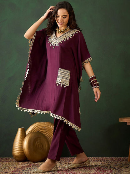 Dhiyona SN Women's Burgundy Geometric Embroidered V-Neck Mirror Work Kaftan With Trousers