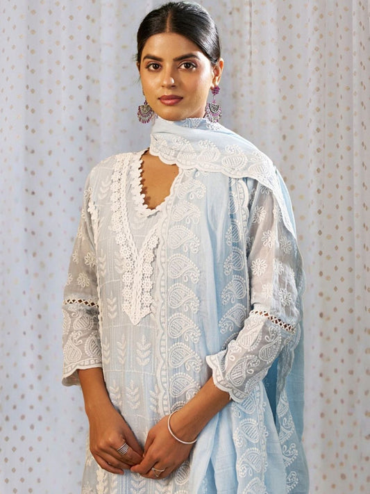 Women Ethnic Motifs Embroidered Regular Chikankari Pure Cotton Kurta with Trousers & With Dupatta