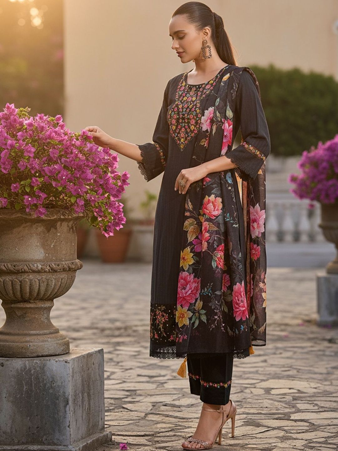 Floral Embroidered Regular Thread Work Pure Cotton Kurta With Trousers & Dupatta