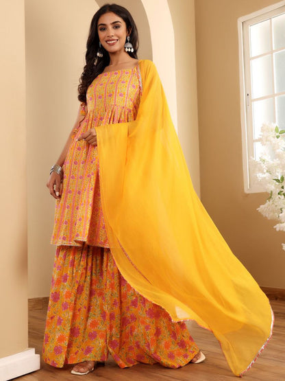 Dhiyona VA Women'sFloral Printed A-Line Kurta With Sharara And Dupatta