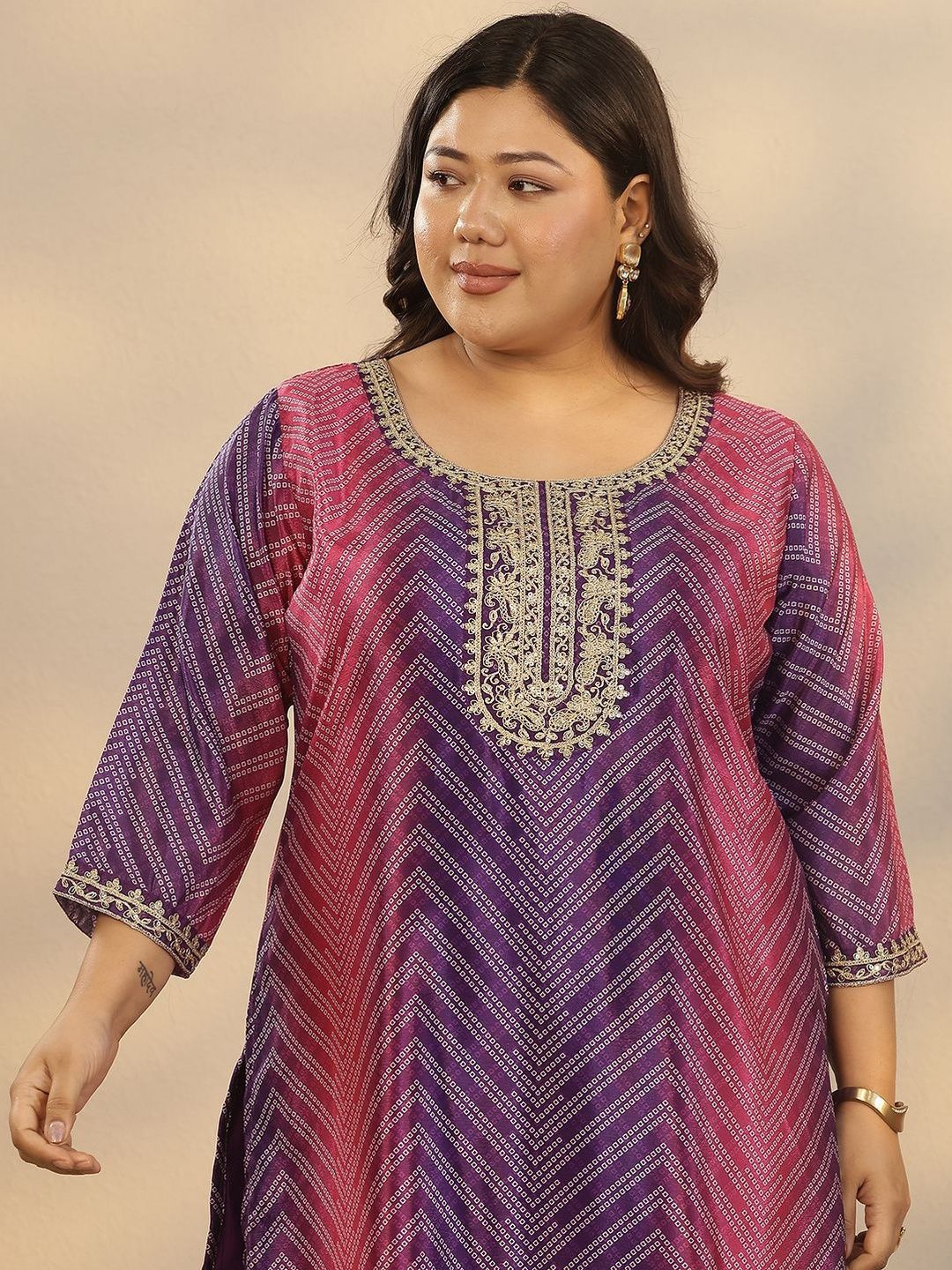 Dhiyona Women's Plus Size Printed Thread Work Kurta with Sharara & Dupatta