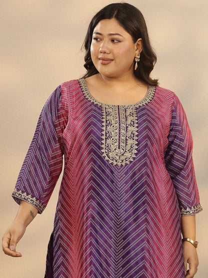 Dhiyona Women's Plus Size Printed Thread Work Kurta with Sharara & Dupatta