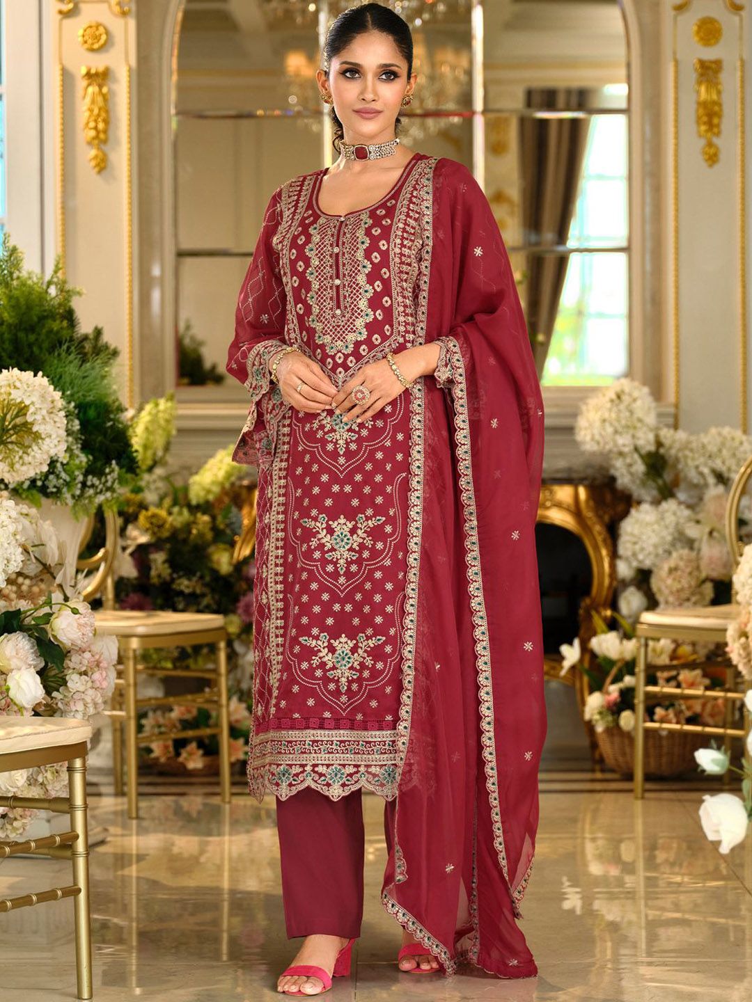Ethnic Motifs Embroidered Zari Organza Straight Kurta & Trousers With Dupatta