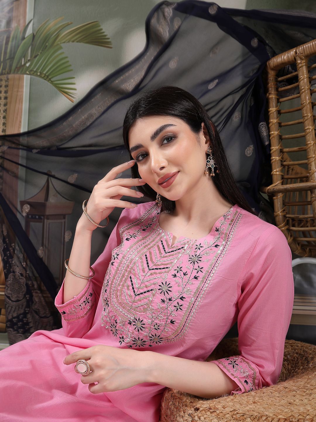 Dhiyona SN Women's Embroidered Pure Cotton Straight Kurta With Trousers & Dupatta