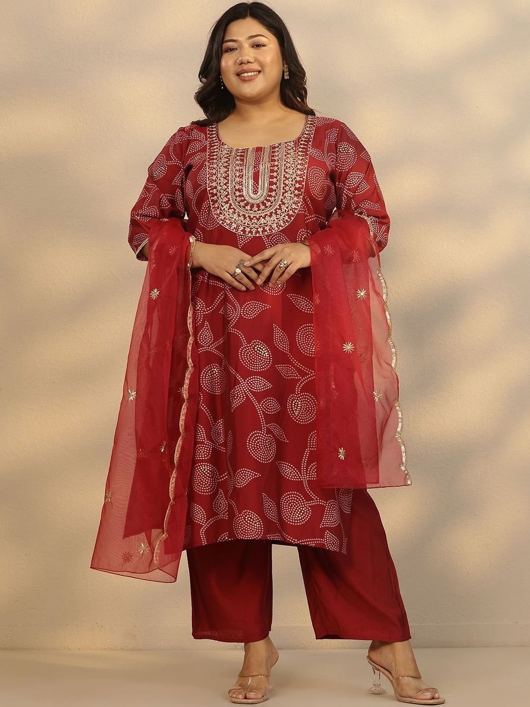 Dhiyona Women's Plus Size Ethnic Motifs Printed Straight Kurta With Palazzos & Dupatta