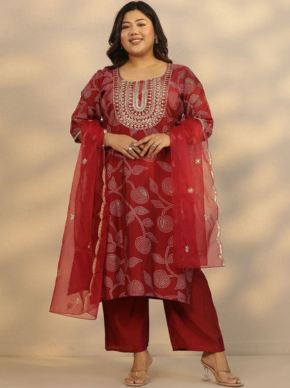 Dhiyona Women's Plus Size Ethnic Motifs Printed Straight Kurta With Palazzos & Dupatta