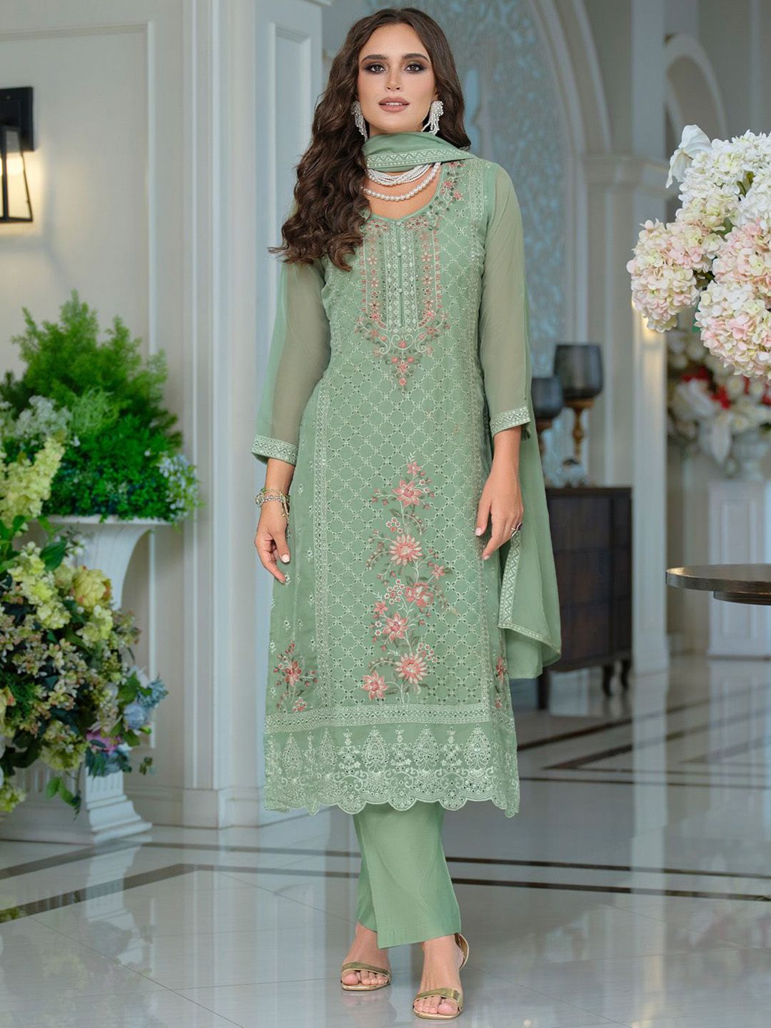 Adults-Women Woven Design Embroidered Kurta with Trousers & Dupatta