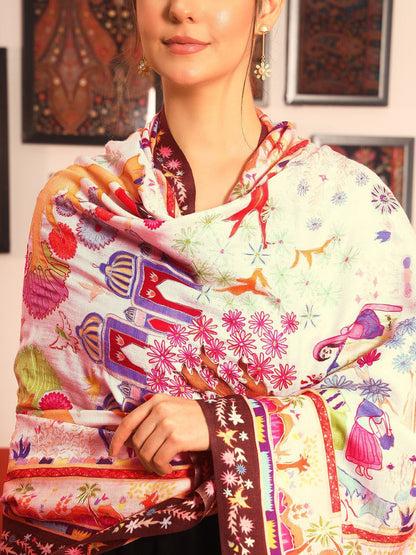 Dhiyona PA Floral Kalamkari Printed Woollen & Silk Shawl