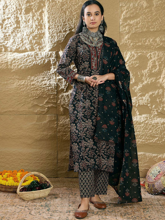 Dhiyona IE Women Floral Printed Regular Pure Cotton Kurta with Trousers & Dupatta