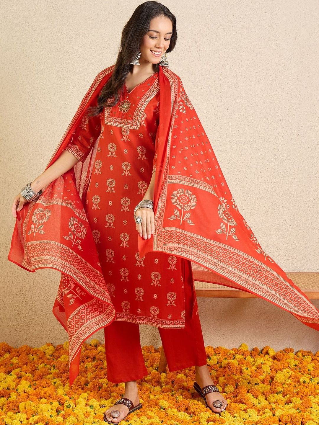 Women Ethnic Motifs Printed Regular Thread Work Pure Cotton Kurta with Trousers & With Dupatta