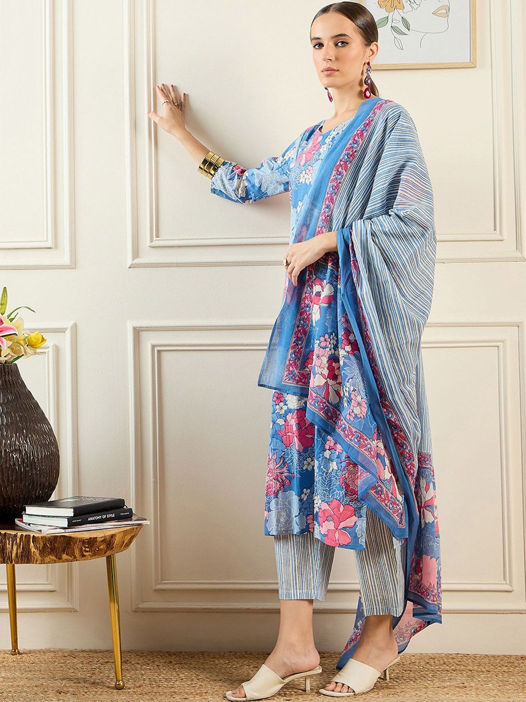Dhiyona IE Floral Printed Pure Cotton Kurta With Trousers & Dupatta