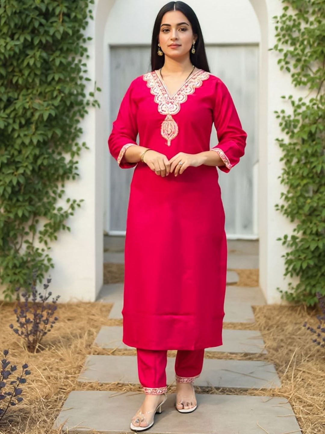 Women Ethnic Motifs Embroidered Regular Sequinned Liva Kurta with Trousers