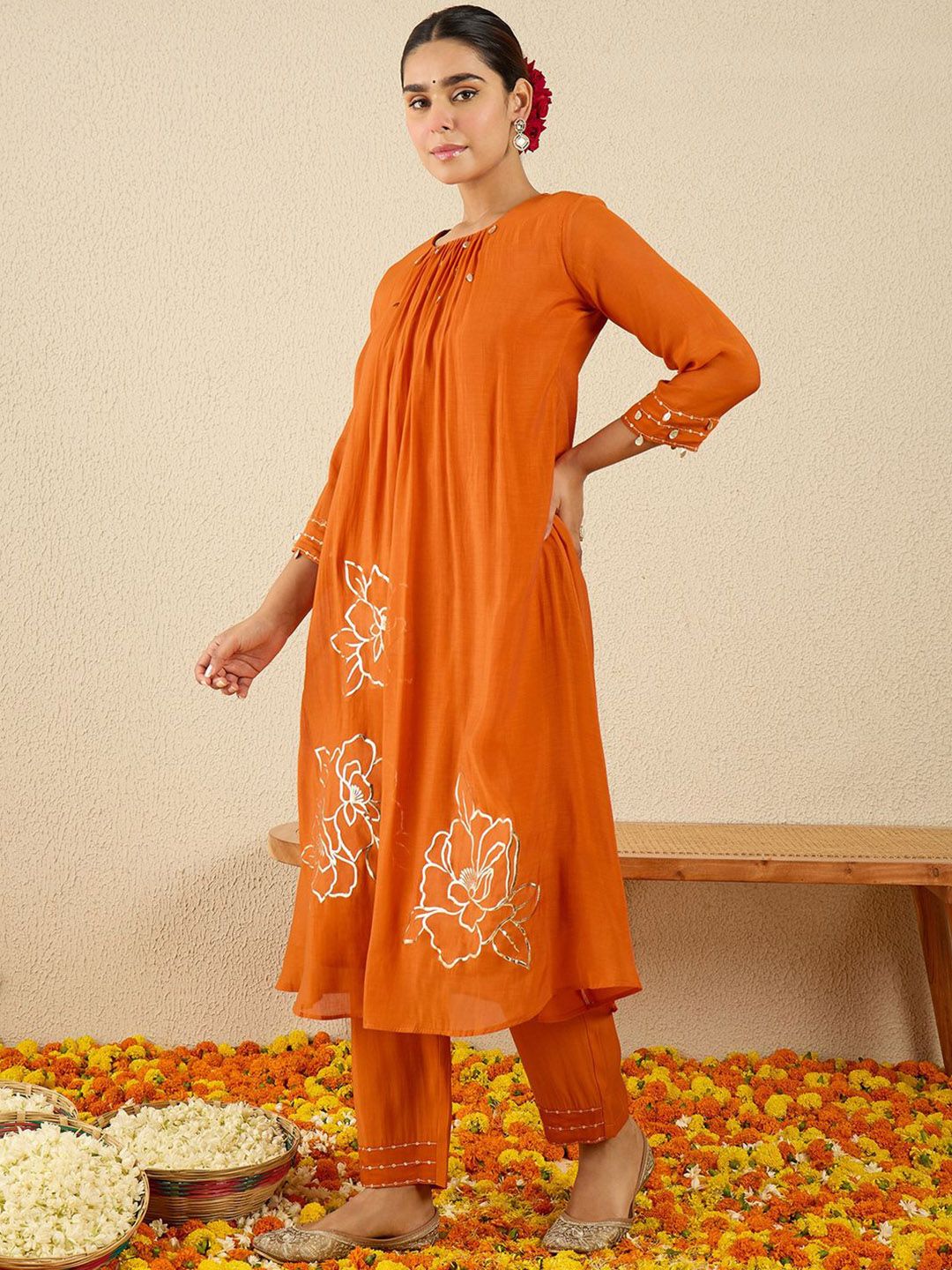 Dhiyona IE Floral Embroidered Round Neck A-Line Tunic With Trousers