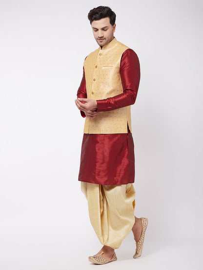 Men's Maroon Silk Blend Straight Jacket  Kurta and Dhoti Set