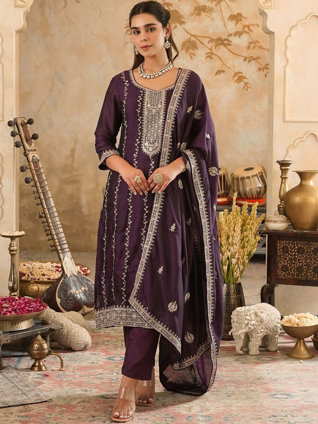 Women Ethnic Motifs Embroidered Regular Thread Work Kurta with Trousers & With Dupatta