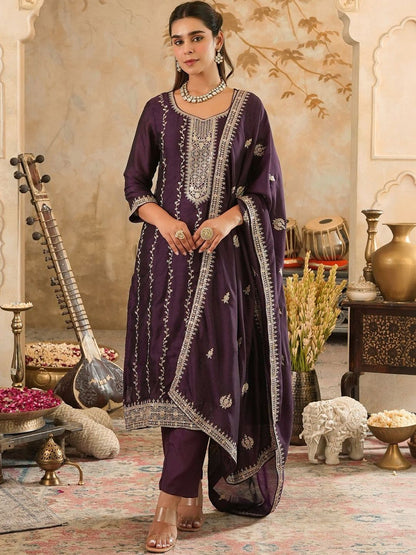 Women Ethnic Motifs Embroidered Regular Thread Work Kurta with Trousers & With Dupatta