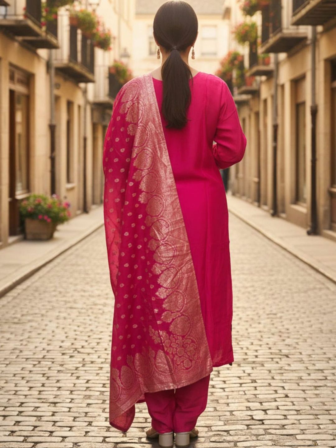 Floral Woven Design Round Neck Zari Work Straight Kurta With Trouser & Dupatta