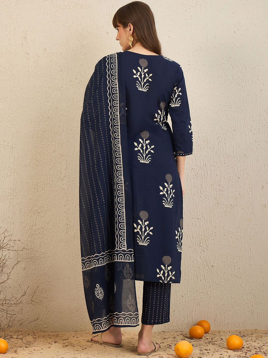 Dhiyona IE Floral Printed Pure Cotton Straight Kurta With Trousers & Dupatta