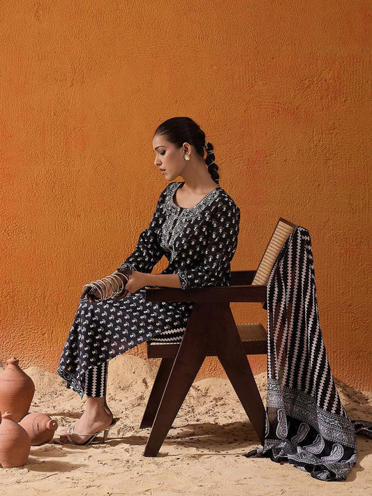 Dhiyona IE Ethnic Motifs Printed Pure Cotton Straight Kurta With Trousers & Dupatta