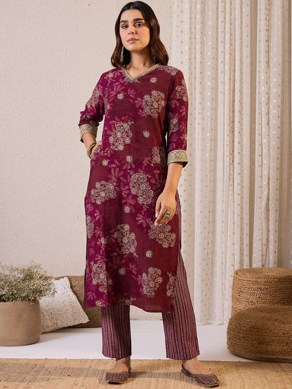 Women Floral Printed Regular Chanderi Silk Kurta with Trousers & With Dupatta