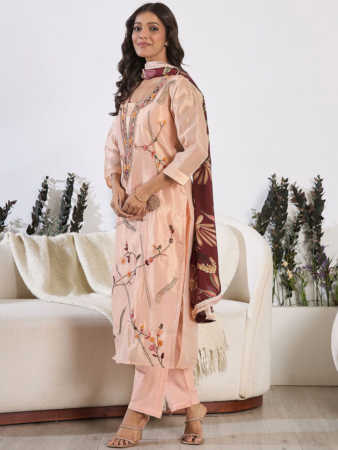 Dhiyona IE Floral Embroidered Thread Work Pure Cotton Kurta With Trousers & Dupatta