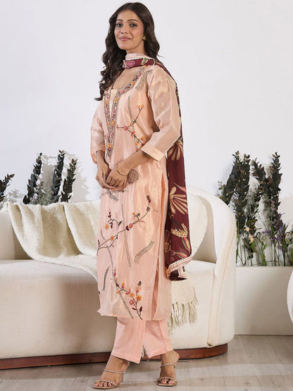 Dhiyona IE Floral Embroidered Thread Work Pure Cotton Kurta With Trousers & Dupatta