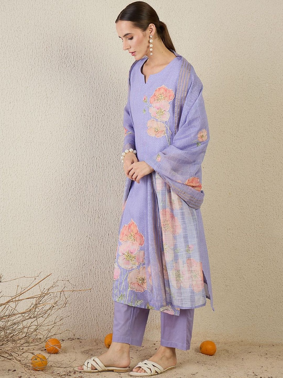 Women Floral Printed Linen Kurta with Trousers & Dupatta