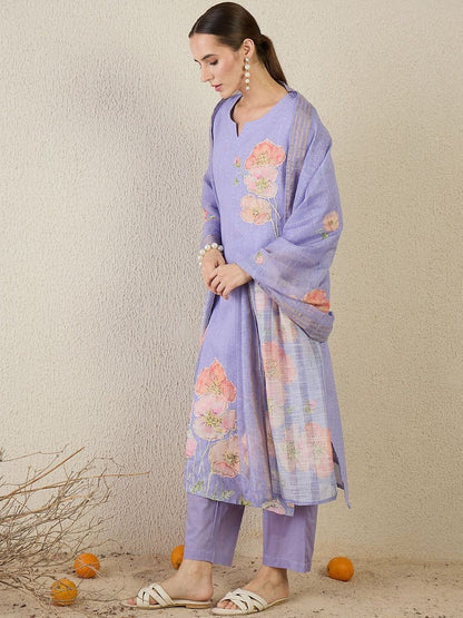 Women Floral Printed Linen Kurta with Trousers & Dupatta